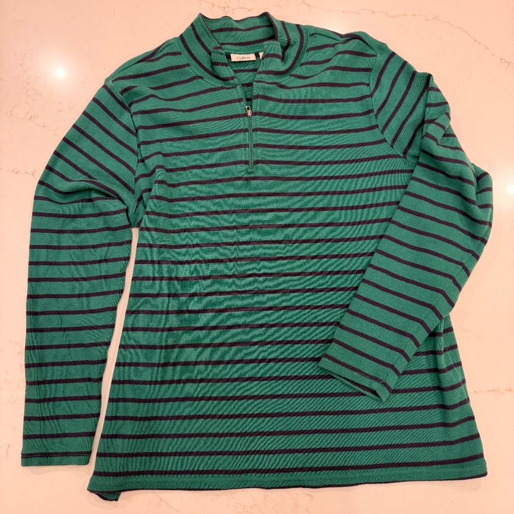 L.L.Bean Women’s 2X Green & Purple Striped 1/4 Zip Pullover 100% Cotton Sweater